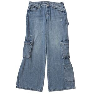 {Gemma Rae} Remedy Blue Low Rise Wide Leg Cargo Distressed Denim Jeans